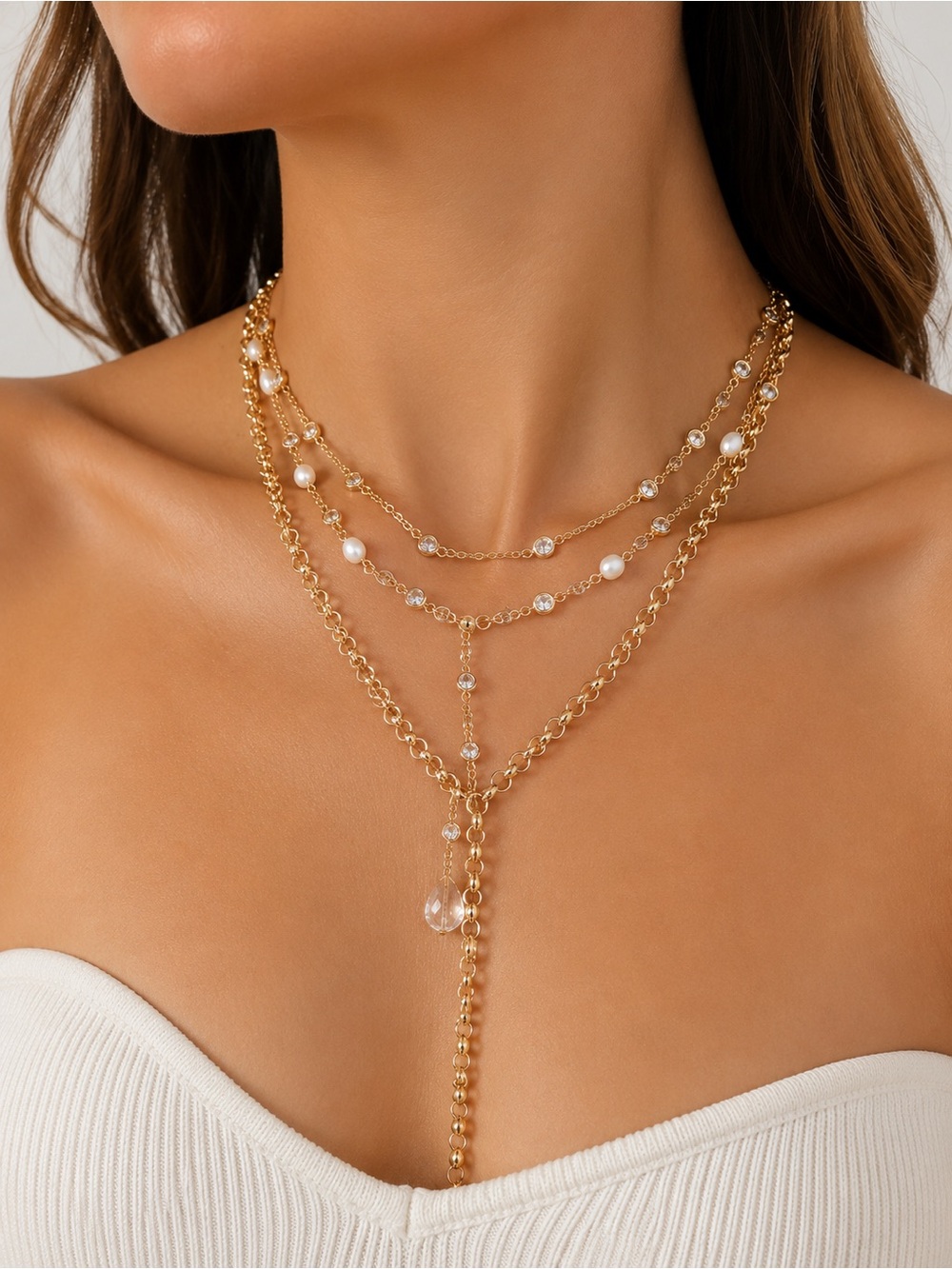 Mango Gold Multi-Layer Pearl & Crystal Lariat Necklace